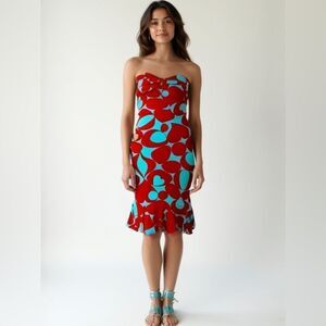 ‎Vintage Rubber Ducky Productions Strapless Red/Aqua Heart Print Bodycon Dress-S